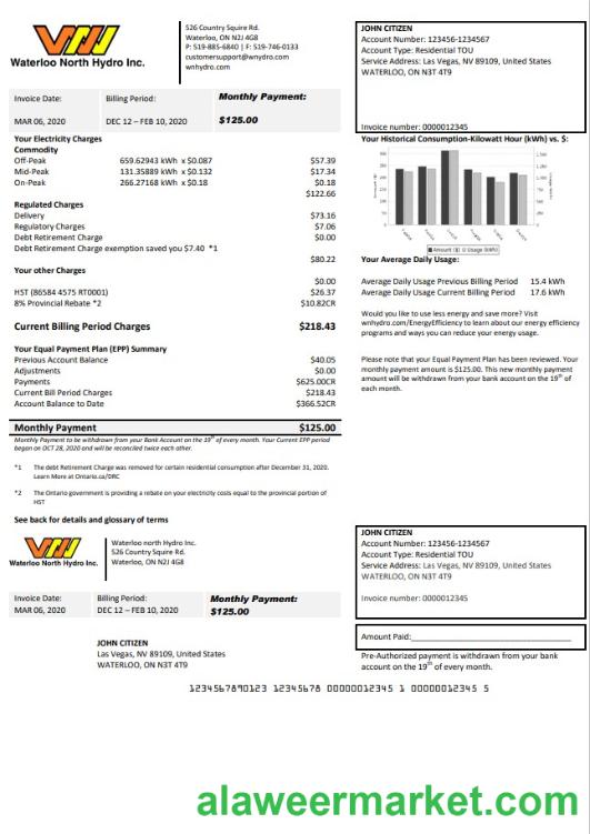 USA Nevada Waterloo North Hydro utility bill template in Word and PDF format